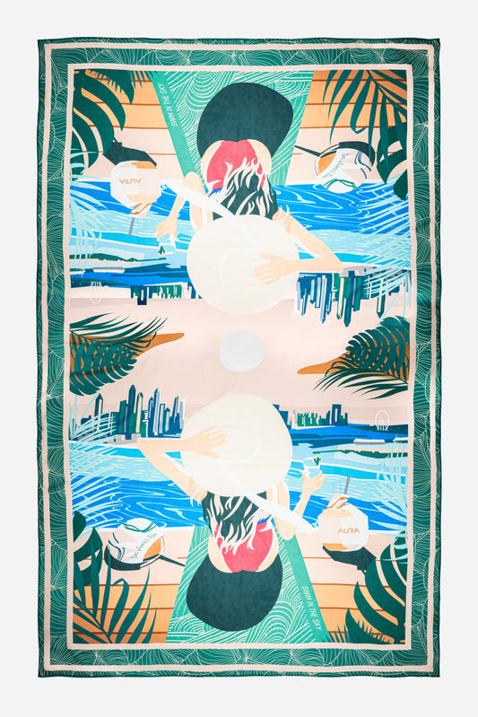 Dubai Skyline Sarong in green, flat lay, full mirrored skyline print