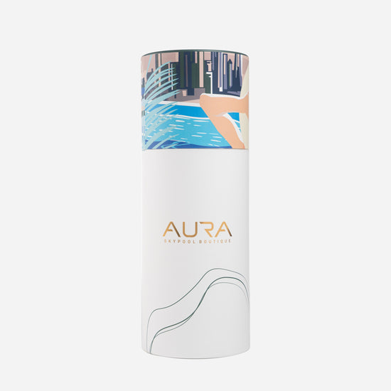 Dubai Skyline Sarong in green, AURA Skypool Boutique tube packaging front with AURA logo and skyline print