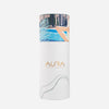 Dubai Skyline Sarong in green, AURA Skypool Boutique tube packaging front with AURA logo and skyline print