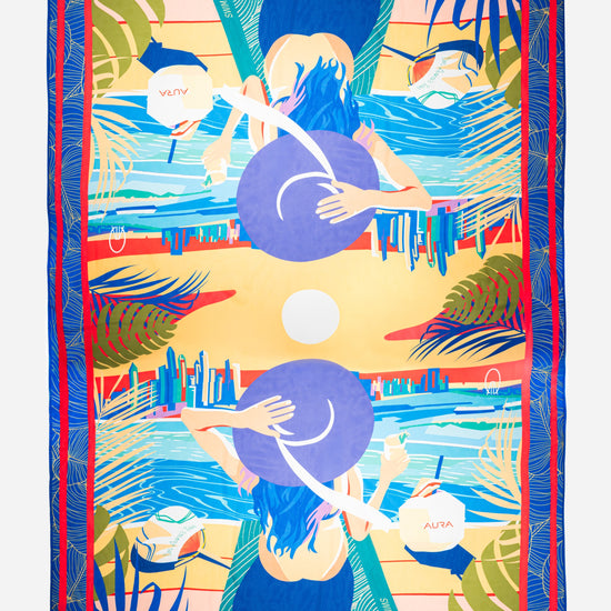 Dubai Skyline Sarong in indigo, flat lay, full mirrored skyline print