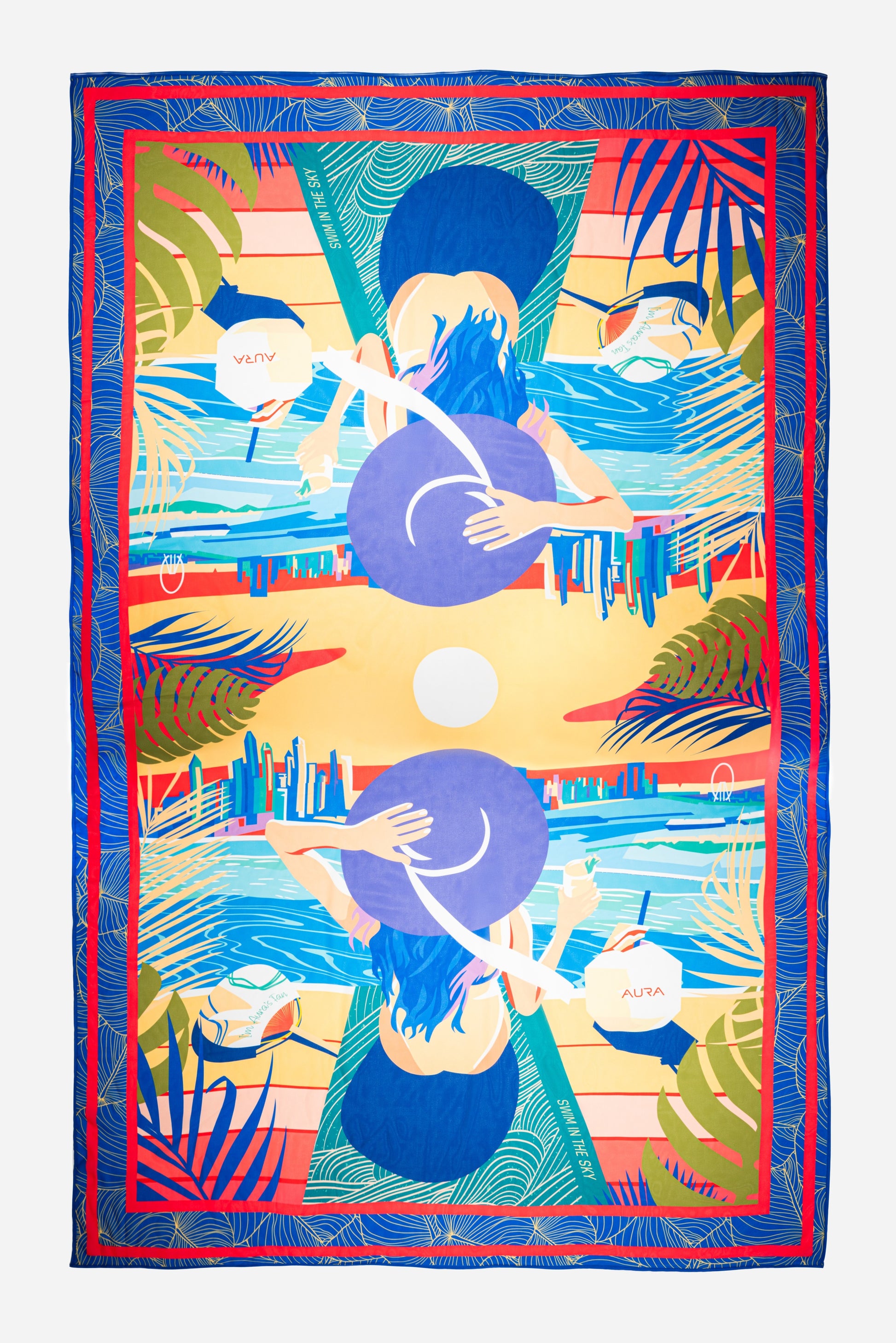 Dubai Skyline Sarong in indigo, flat lay, full mirrored skyline print