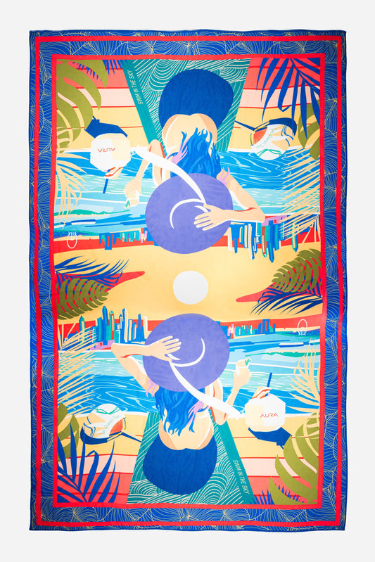Dubai Skyline Sarong in indigo, flat lay, full mirrored skyline print