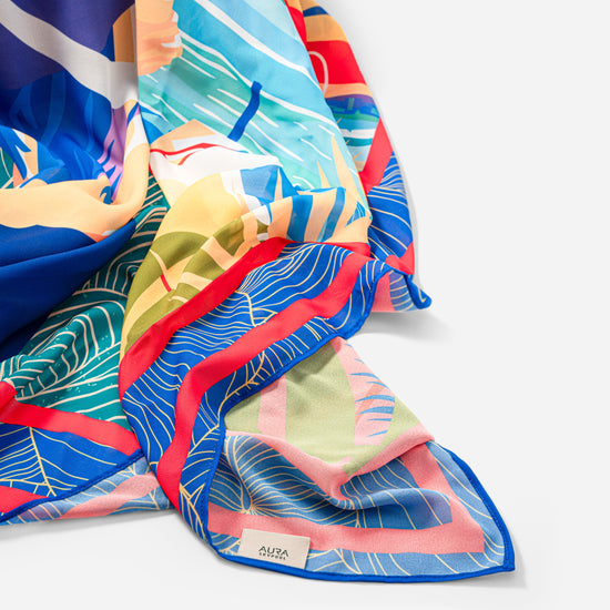 Dubai Skyline Sarong in indigo, draped close-up, alternate print detail