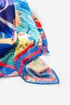 Dubai Skyline Sarong in indigo, draped close-up, alternate print detail