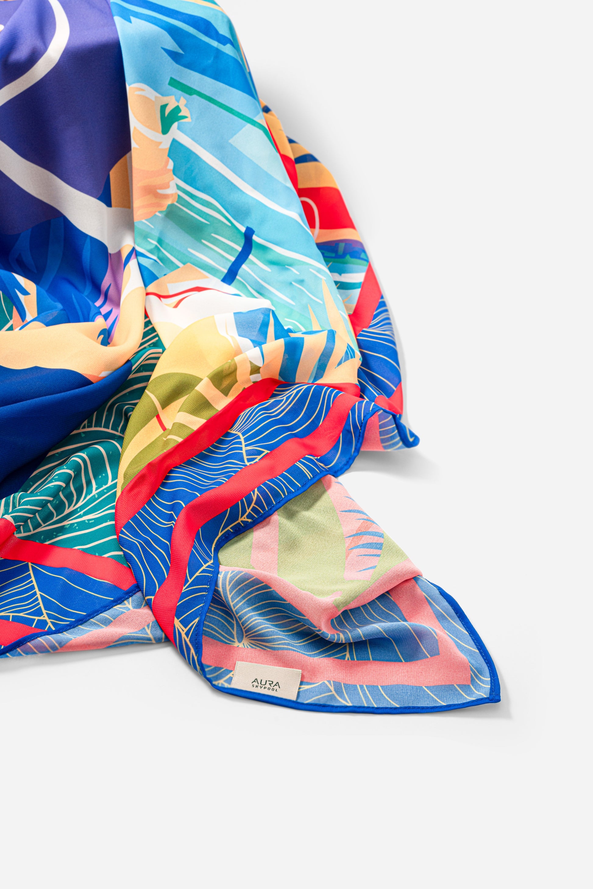 Dubai Skyline Sarong in indigo, draped close-up, alternate print detail