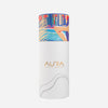 Dubai Skyline Sarong in indigo, AURA Skypool Boutique tube packaging front with AURA logo and skyline print