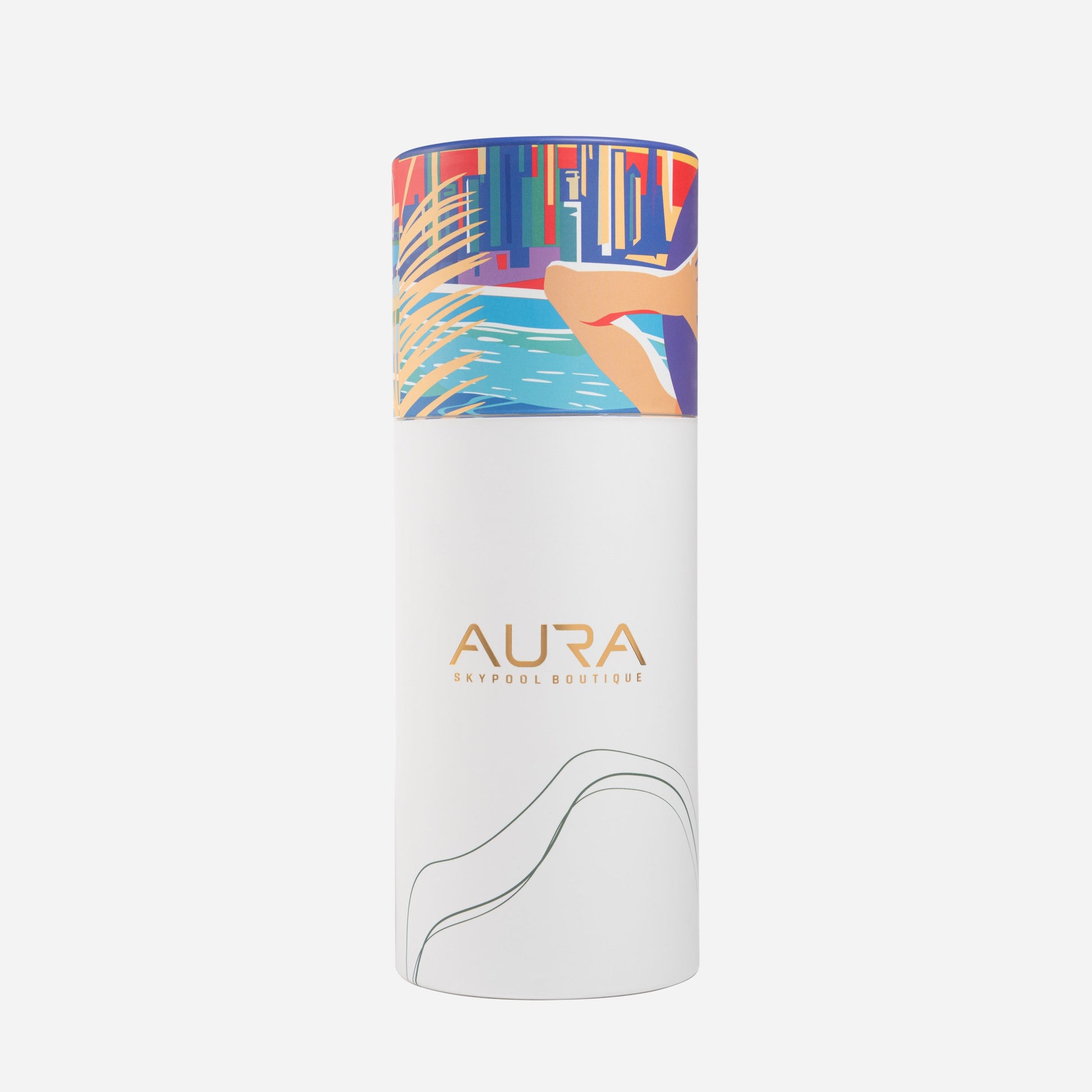 Dubai Skyline Sarong in indigo, AURA Skypool Boutique tube packaging front with AURA logo and skyline print