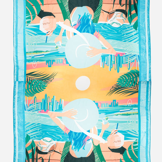 Dubai Skyline Sarong in sky blue, flat lay, full mirrored skyline print