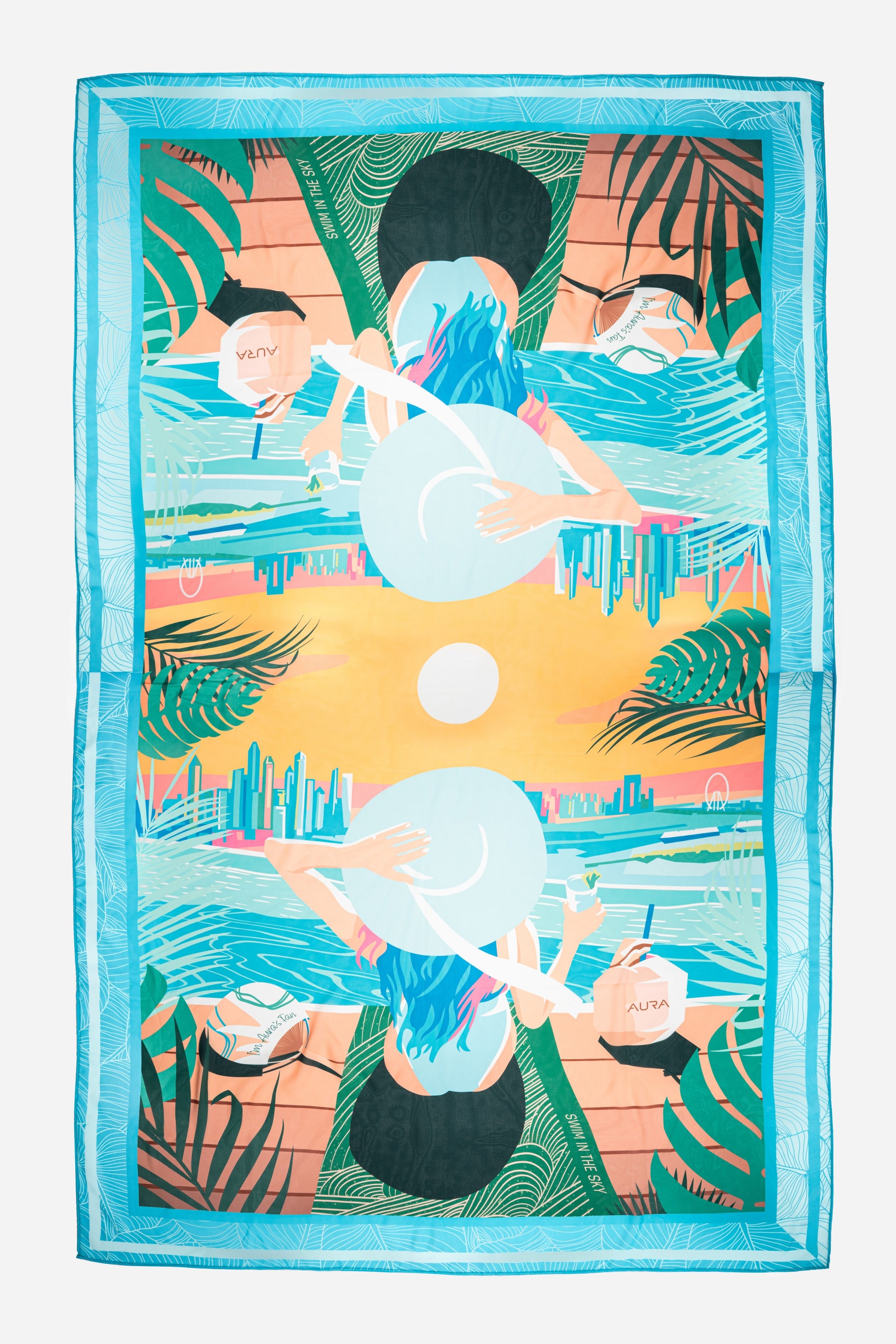 Dubai Skyline Sarong in sky blue, flat lay, full mirrored skyline print
