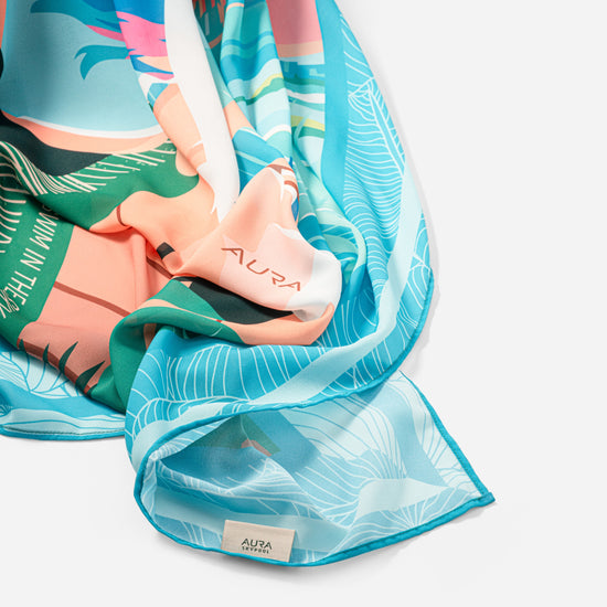 Dubai Skyline Sarong in sky blue, draped close-up, alternate print detail