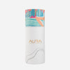 Dubai Skyline Sarong in sky blue, AURA Skypool Boutique tube packaging front with AURA logo and skyline print