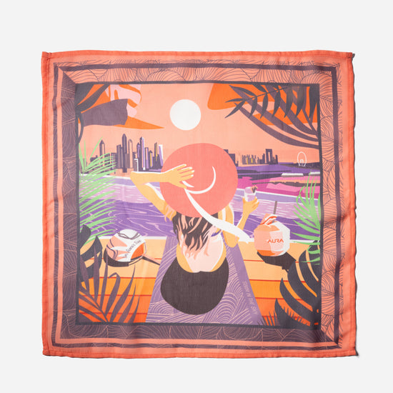 AURA Dubai Skyline Mini Scarf in Coral, full flat lay of the illustrated skyline scene