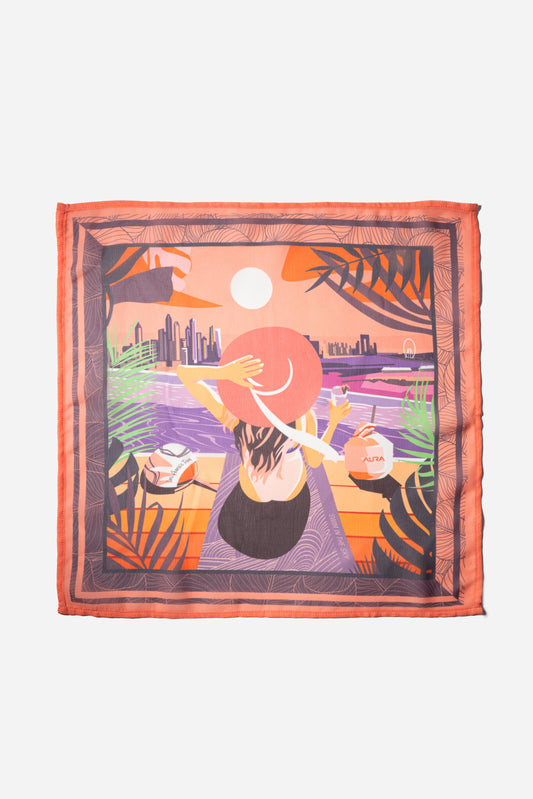 AURA Dubai Skyline Mini Scarf in Coral, full flat lay of the illustrated skyline scene