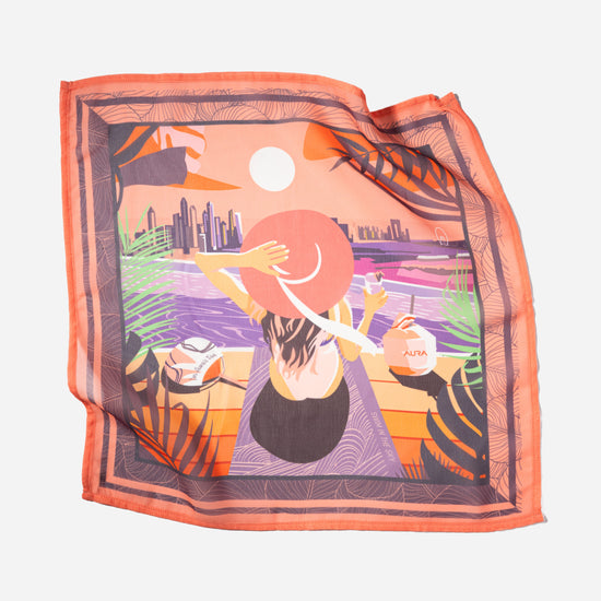 Dubai Skyline Mini Scarf in Coral, lightly rumpled flat lay showing sheer chiffon