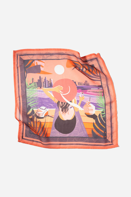 Dubai Skyline Mini Scarf in Coral, lightly rumpled flat lay showing sheer chiffon