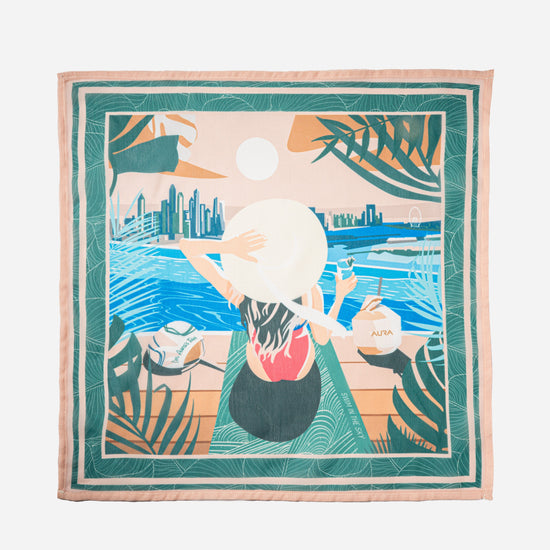 AURA Dubai Skyline Mini Scarf in Green, full flat lay of the illustrated skyline scene