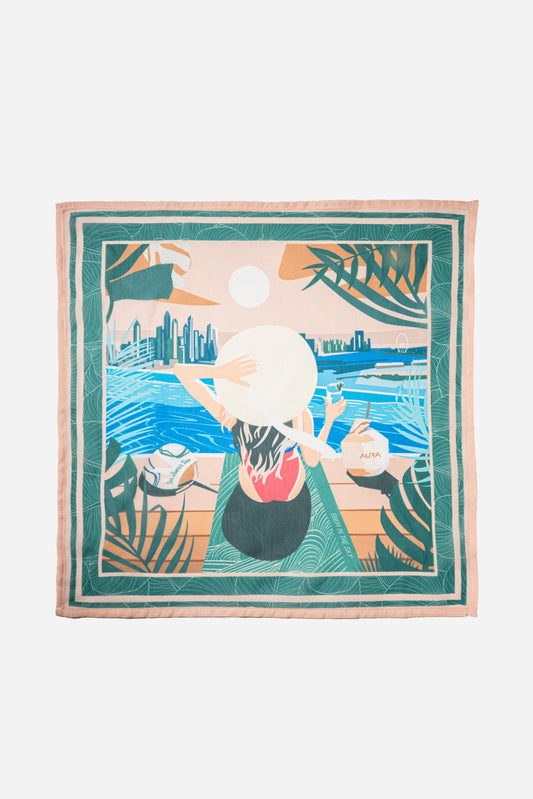 AURA Dubai Skyline Mini Scarf in Green, full flat lay of the illustrated skyline scene