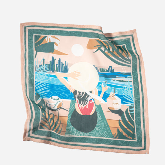 Dubai Skyline Mini Scarf in Green, lightly rumpled flat lay showing sheer chiffon