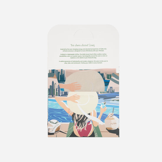Dubai Skyline Mini Scarf in Green, packaging card with AURA Accent Scarf description