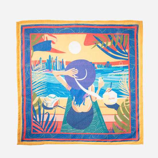 AURA Dubai Skyline Mini Scarf in Indigo, full flat lay of the illustrated skyline scene