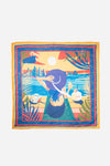 AURA Dubai Skyline Mini Scarf in Indigo, full flat lay of the illustrated skyline scene