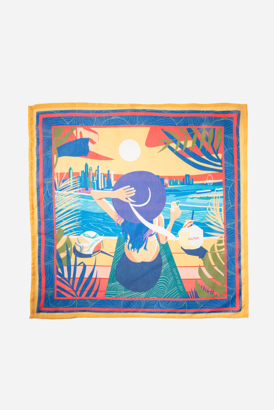 AURA Dubai Skyline Mini Scarf in Indigo, full flat lay of the illustrated skyline scene