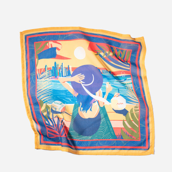 Dubai Skyline Mini Scarf in Indigo, lightly rumpled flat lay showing sheer chiffon