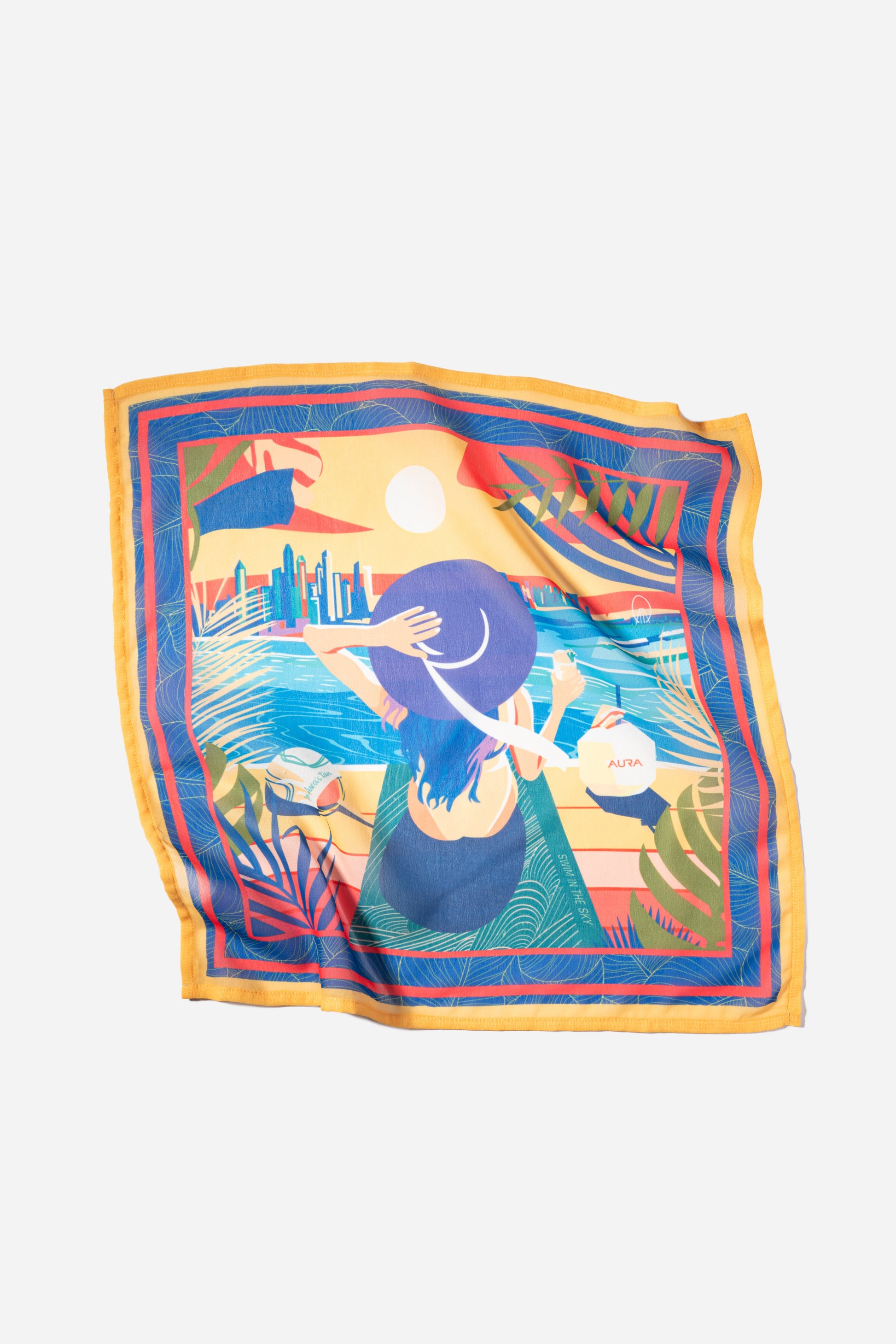 Dubai Skyline Mini Scarf in Indigo, lightly rumpled flat lay showing sheer chiffon