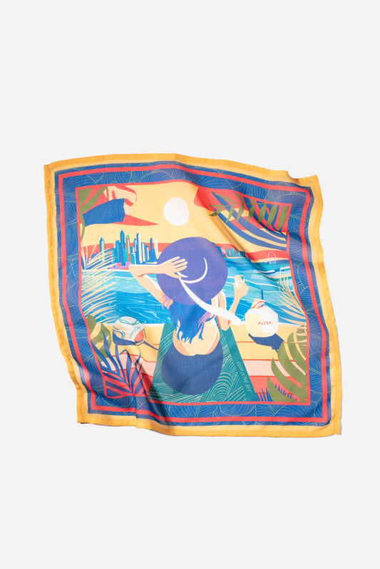 Dubai Skyline Mini Scarf in Indigo, lightly rumpled flat lay showing sheer chiffon