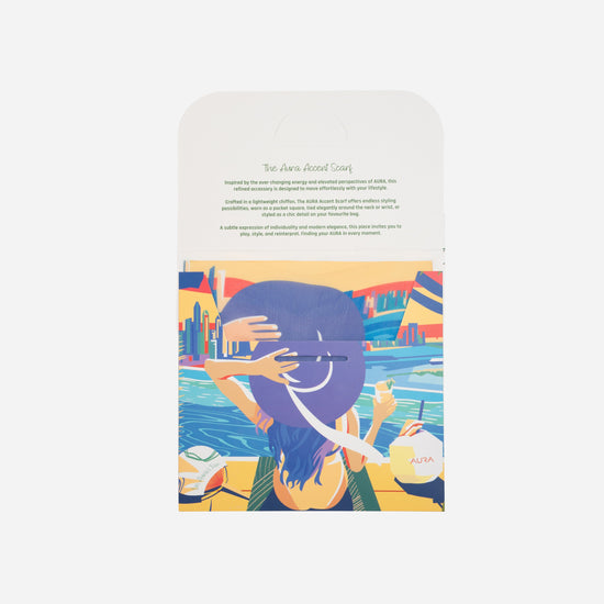 Dubai Skyline Mini Scarf in Indigo, packaging card with AURA Accent Scarf description