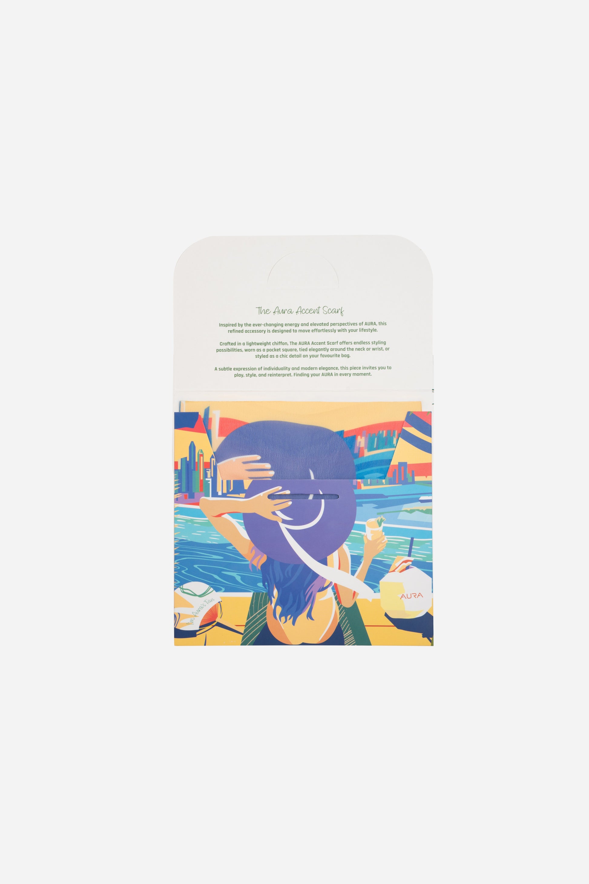 Dubai Skyline Mini Scarf in Indigo, packaging card with AURA Accent Scarf description