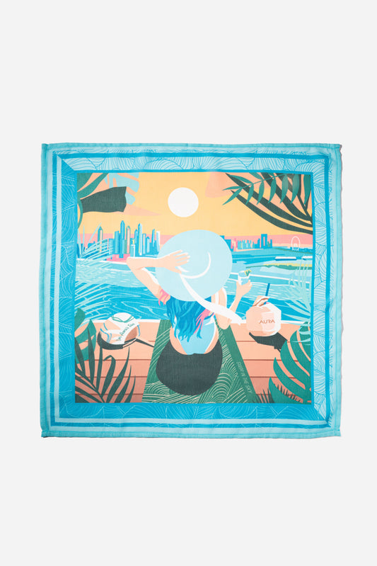 AURA Dubai Skyline Mini Scarf in Sky Blue, full flat lay of the illustrated skyline scene
