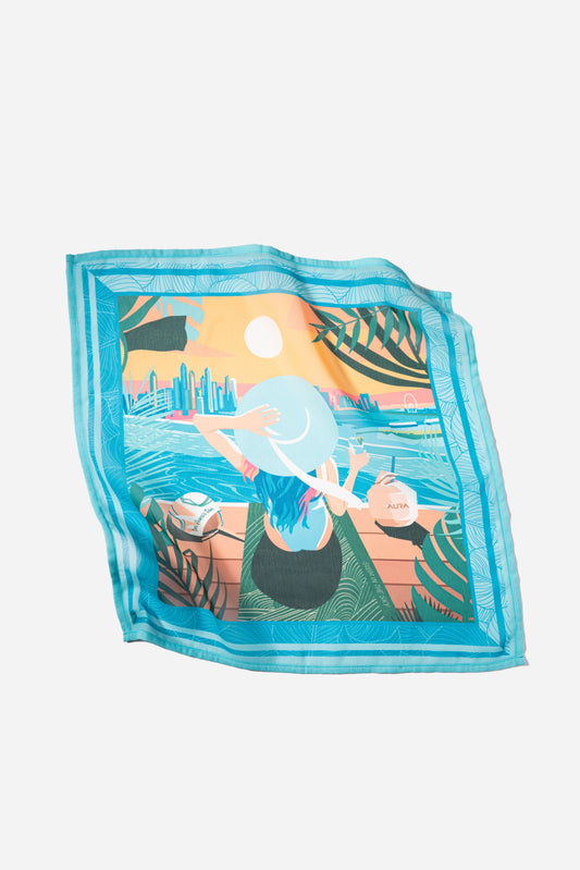 Dubai Skyline Mini Scarf in Sky Blue, lightly rumpled flat lay showing sheer chiffon