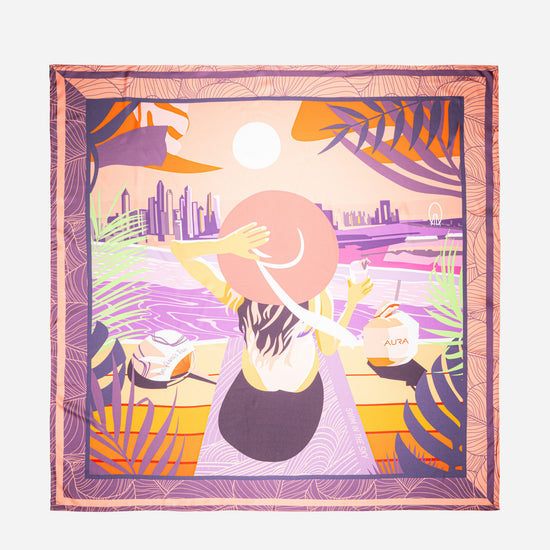 AURA Dubai Skyline Silk Scarf in Coral, full flat lay of the illustrated skyline scene