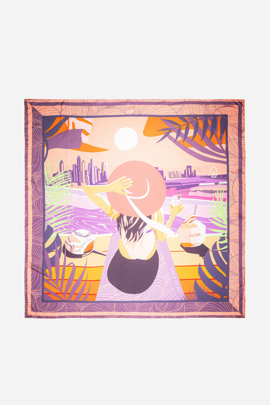 AURA Dubai Skyline Silk Scarf in Coral, full flat lay of the illustrated skyline scene