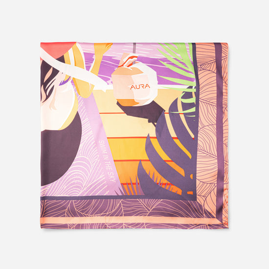 Dubai Skyline Silk Scarf in Coral, cropped flat lay of the illustrated scene