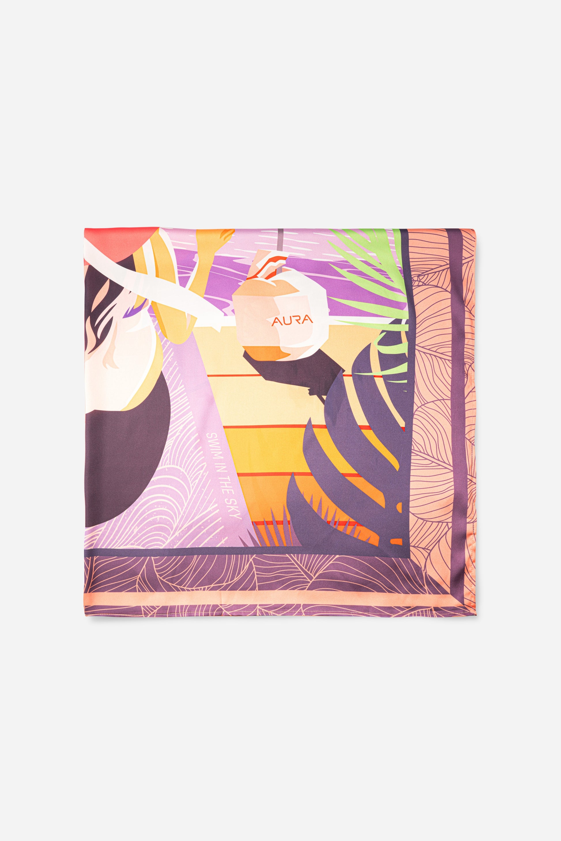 Dubai Skyline Silk Scarf in Coral, cropped flat lay of the illustrated scene