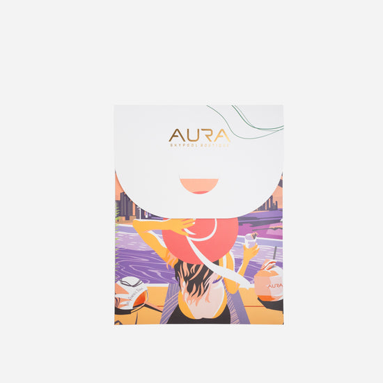 Dubai Skyline Silk Scarf in Coral, AURA Skypool Boutique packaging sleeve front