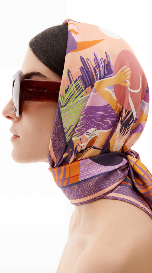Dubai Skyline Silk Scarf - Coral