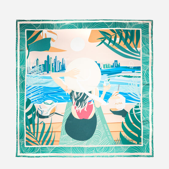 Dubai Skyline Silk Scarf in Green, full flat lay of the illustrated skyline scene
