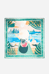 Dubai Skyline Silk Scarf in Green, full flat lay of the illustrated skyline scene