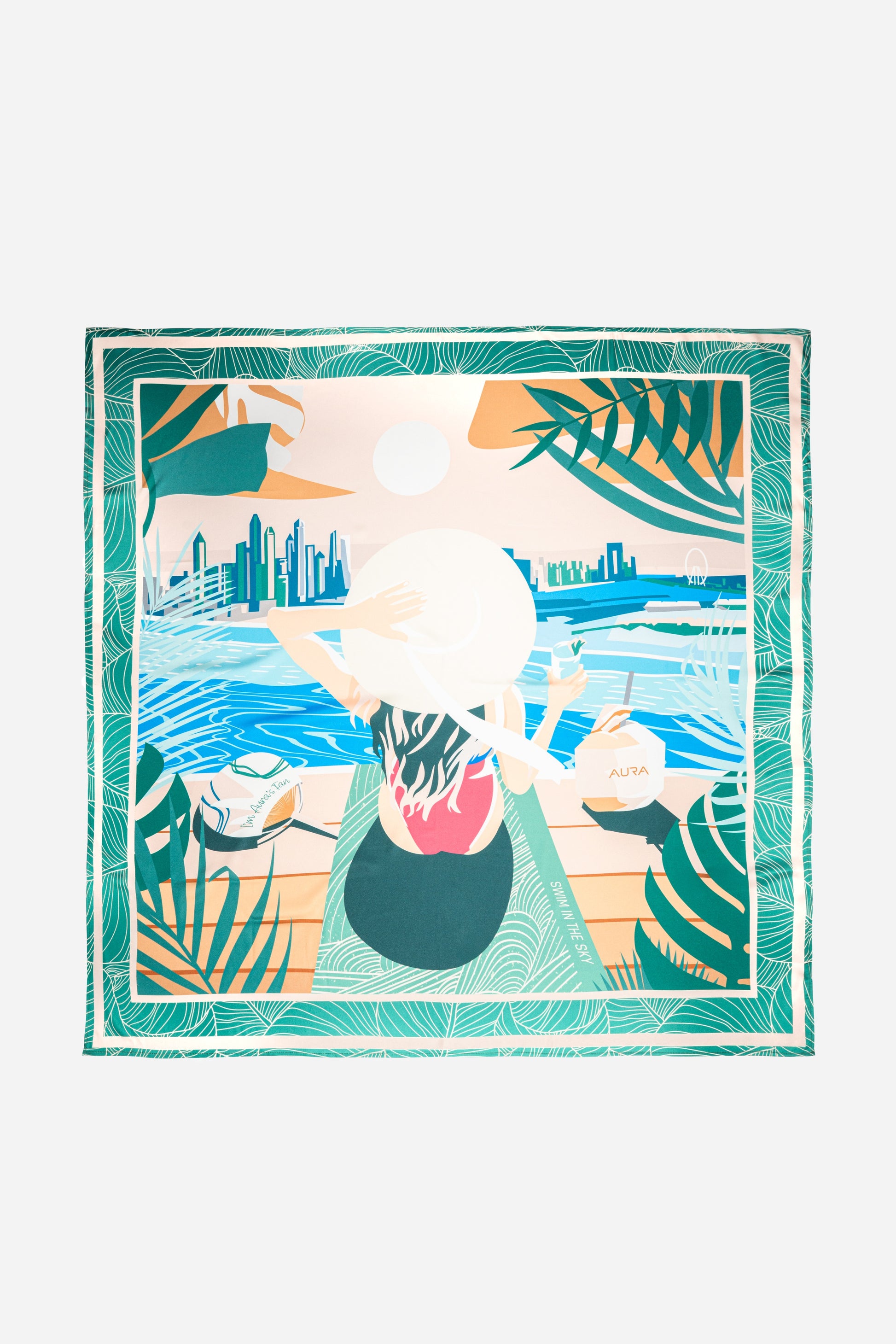 Dubai Skyline Silk Scarf in Green, full flat lay of the illustrated skyline scene