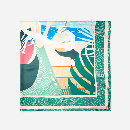 Dubai Skyline Silk Scarf in Green, cropped flat lay of the illustrated scene