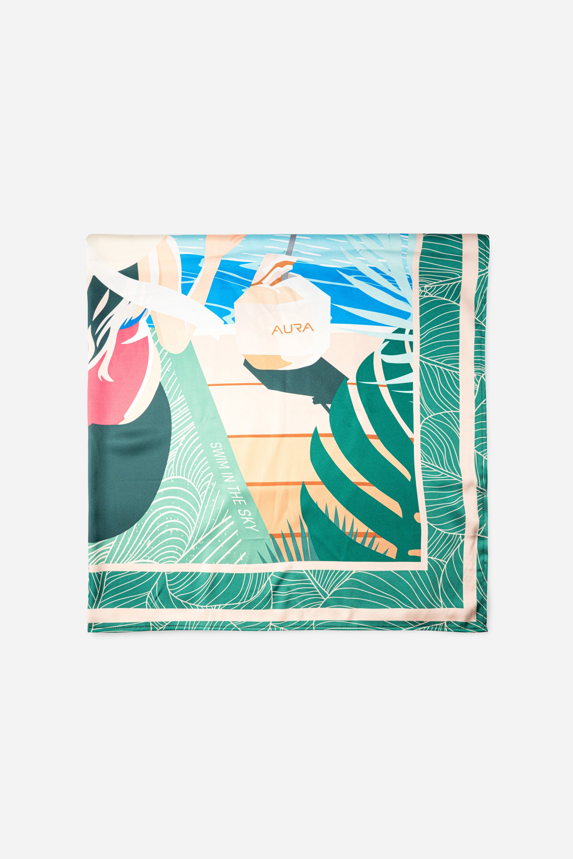 Dubai Skyline Silk Scarf in Green, cropped flat lay of the illustrated scene
