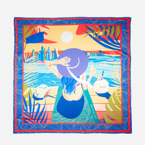 Dubai Skyline Silk Scarf in Indigo, full flat lay of the illustrated skyline scene