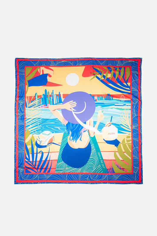 Dubai Skyline Silk Scarf in Indigo, full flat lay of the illustrated skyline scene