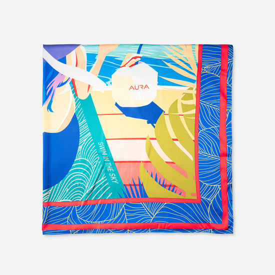 Dubai Skyline Silk Scarf in Indigo, cropped flat lay of the illustrated scene