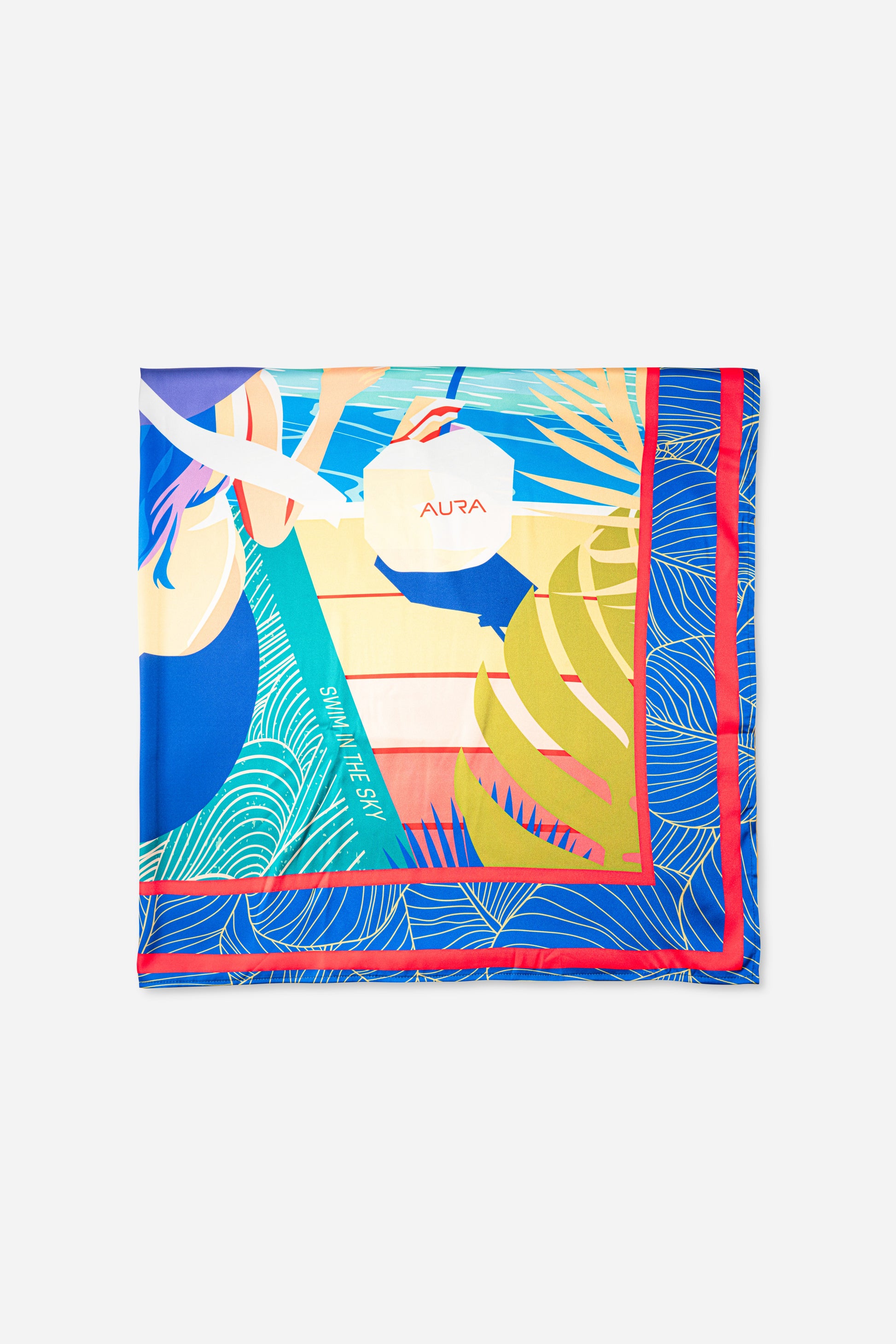 Dubai Skyline Silk Scarf in Indigo, cropped flat lay of the illustrated scene