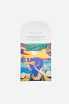 Dubai Skyline Silk Scarf in Indigo, packaging envelope with AURA scarf description