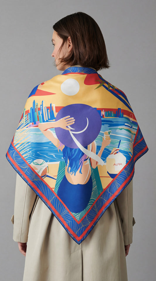 AURA Dubai Skyline Silk Scarf in Indigo, worn draped over the shoulders with a trench coat